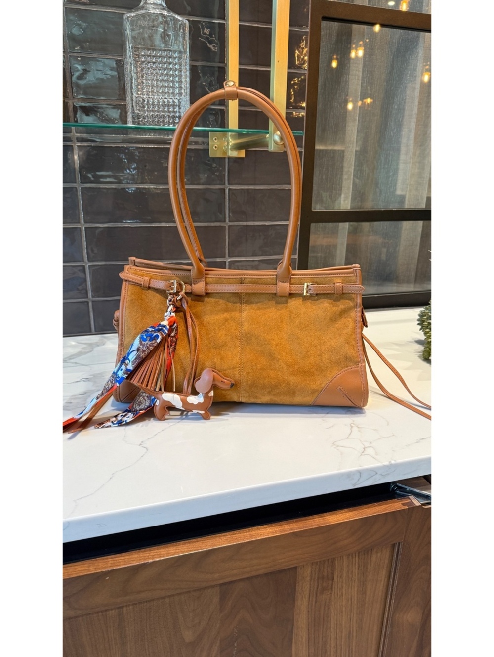 Cognac Suede Tote Bag with Shoulder Strap